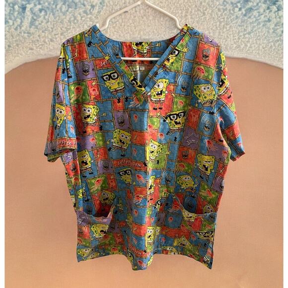 SpongeBob SquarePants Scrubs Short Sleeve V Neck Size Large Shirt Jellyfish Jam - Picture 1 of 4